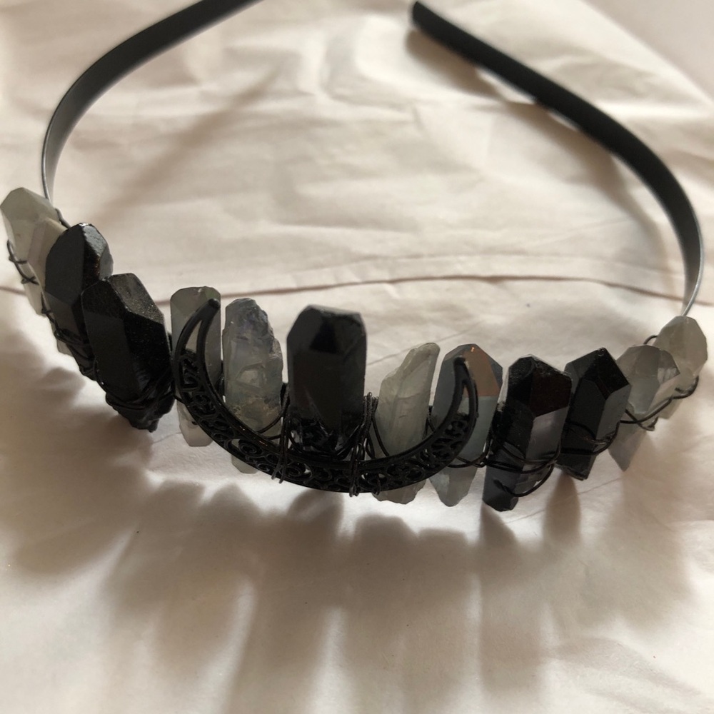 Crescent Crystal Quartz Embellished Black Headband.